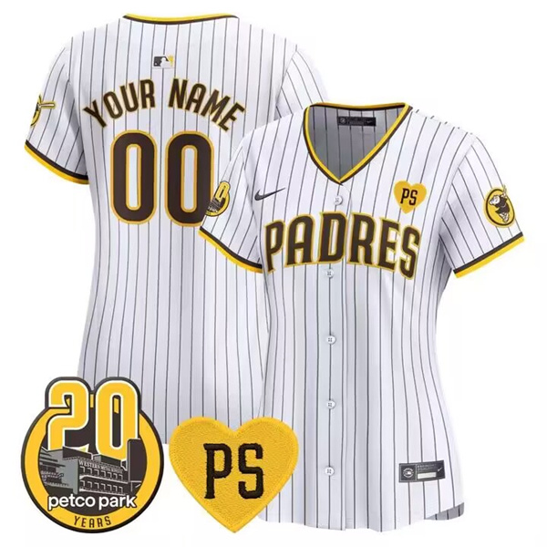 Women's San Diego Padres ACTIVE PLAYER Custom White “For Peter” And Petco Park 20th Patch Limited Stitched Jersey(Run Small)